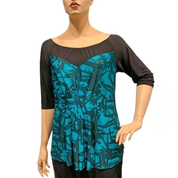 Igigi Top Green Black Faux Strapless Sheer Black Shoulders & Sleeves 18 / 20 - Picture 1 of 11